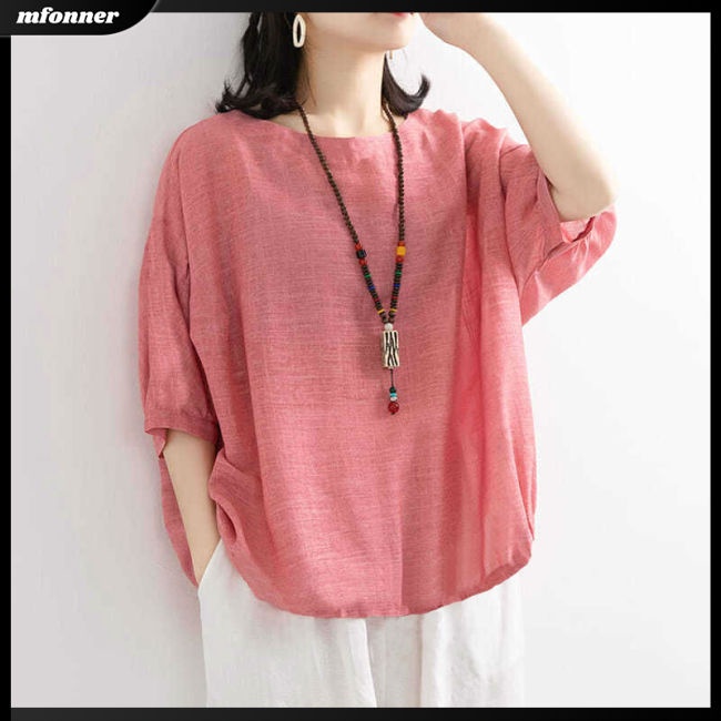 Áo Thun Cotton Lanh Tay Ngắn Dáng Rộng Màu Sắc Đơn Giản Trẻ Trung Dành Cho Nữ