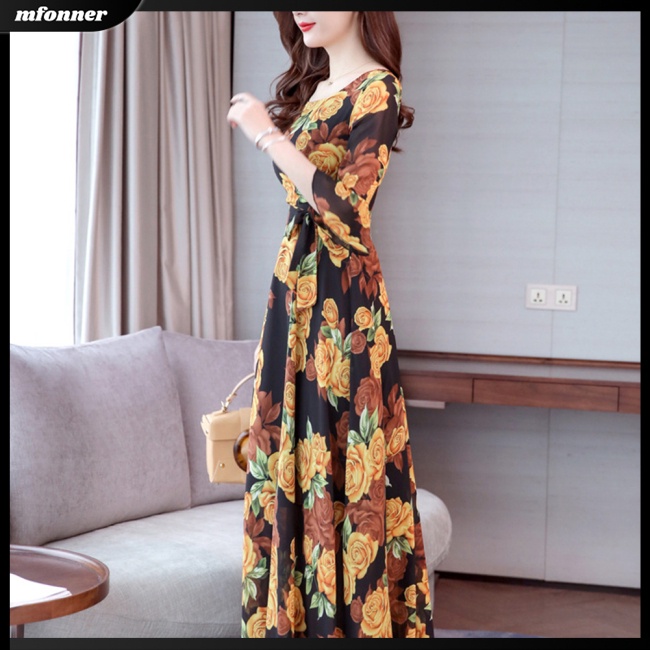 Đầm Dài Chữ A Tay Lửng In Họa Tiết Thời Trang Mùa Hè Dành Cho Nữ