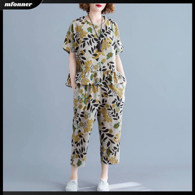 Set Đồ Mùa Hè 2 Món Gồm Áo Thun Tay Cộc + Quần Lửng In Họa Tiết Cho Nữ