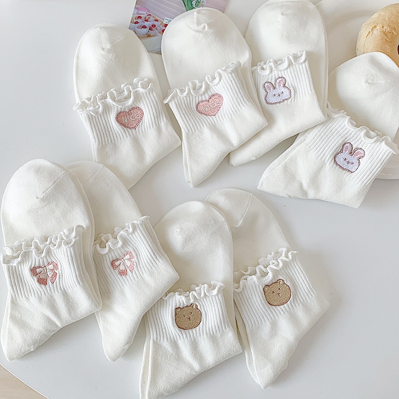 Tất Cotton Viền Xoăn Thêu Họa Tiết Ngọt Ngào Thời Trang Xuân Hè Cho Nữ