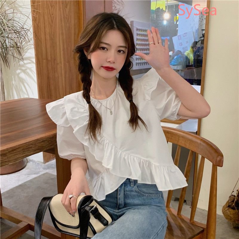 Áo Kiểu Tay Phồng Dáng Rộng Phối Bèo Kiểu Hàn Quốc Dễ Thương Cho Nữ