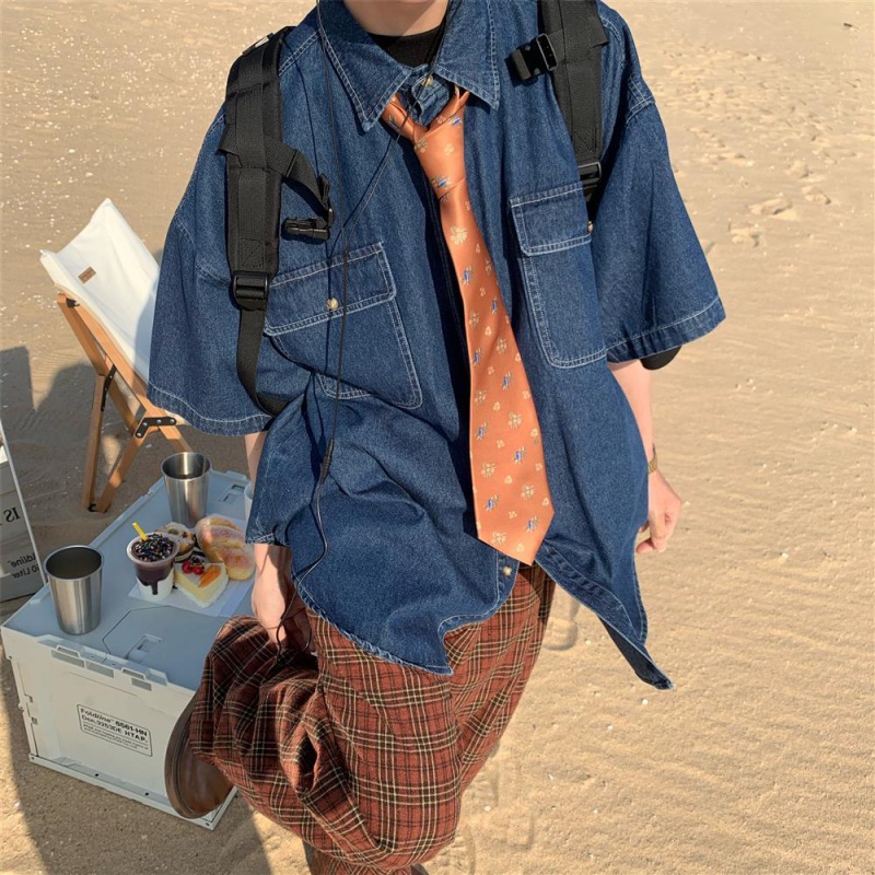 Áo Sơ Mi Denim Tay Ngắn Phong Cách Nhật Bản Thời Trang Mùa Hè Hàng Mới 2023 Dành Cho Nam