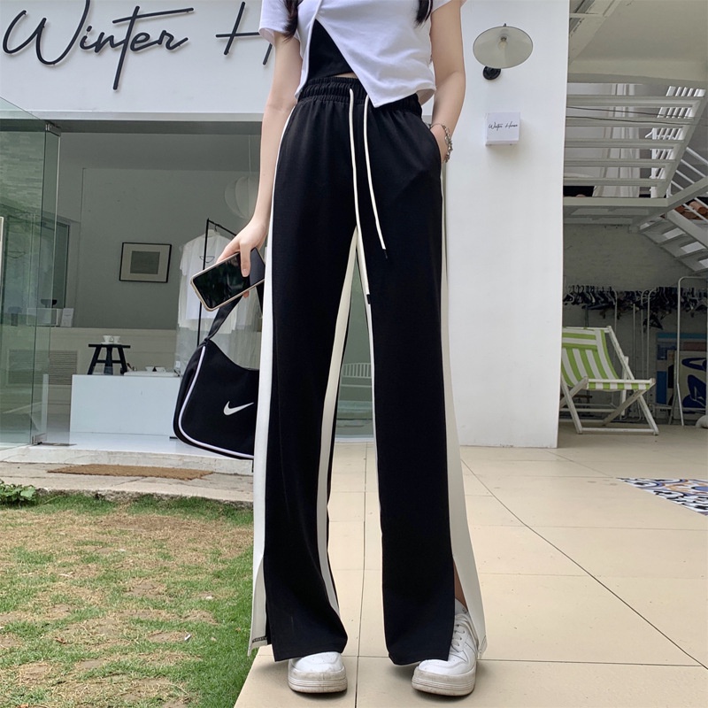 Quần Dài Lưng Cao Ống Rộng Xẻ Tà Màu Trắng Đen Phong Cách Retro