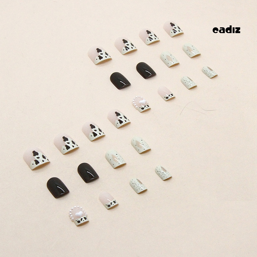 Bộ 24 Móng Tay Giả Đính Đá / Ngọc Trai / Kim Cương Giả / Họa Tiết Bò Sữa Tinh Tế Dễ Tháo Rời DIY