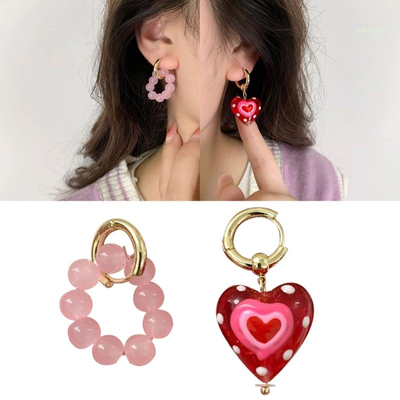Khuyên Tai Vòng Lủng Lẳng Xỏ Hạt Hình Trái Tim Nhỏ Không Đối Xứng Có Thể Tháo Rời Thời Trang