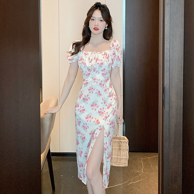 Đầm Hoa Cổ Vuông Xẻ Tà Màu Hồng Nhẹ Nhàng Thời Trang Mới 2023 Dành Cho Bạn Nữ