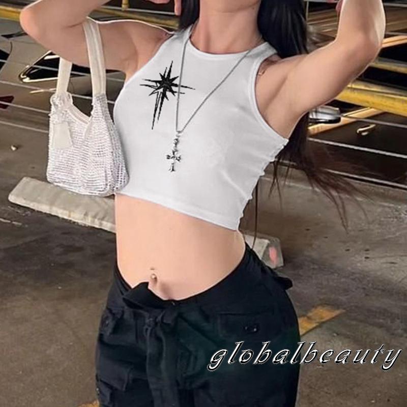 Áo Croptop Sát Nách Cổ Tròn Dáng Ôm Thêu Họa Tiết Ngôi Sao Thời Trang Mùa Hè Cho Nữ