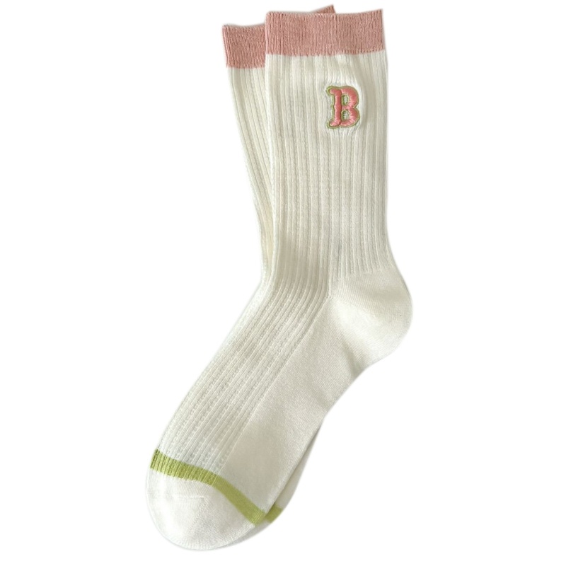 Vớ Thể Thao Cotton Cổ Trung Kẻ Sọc Thêu Chữ Màu Hồng Ngọt Ngào Thoáng Khí Cho Nữ