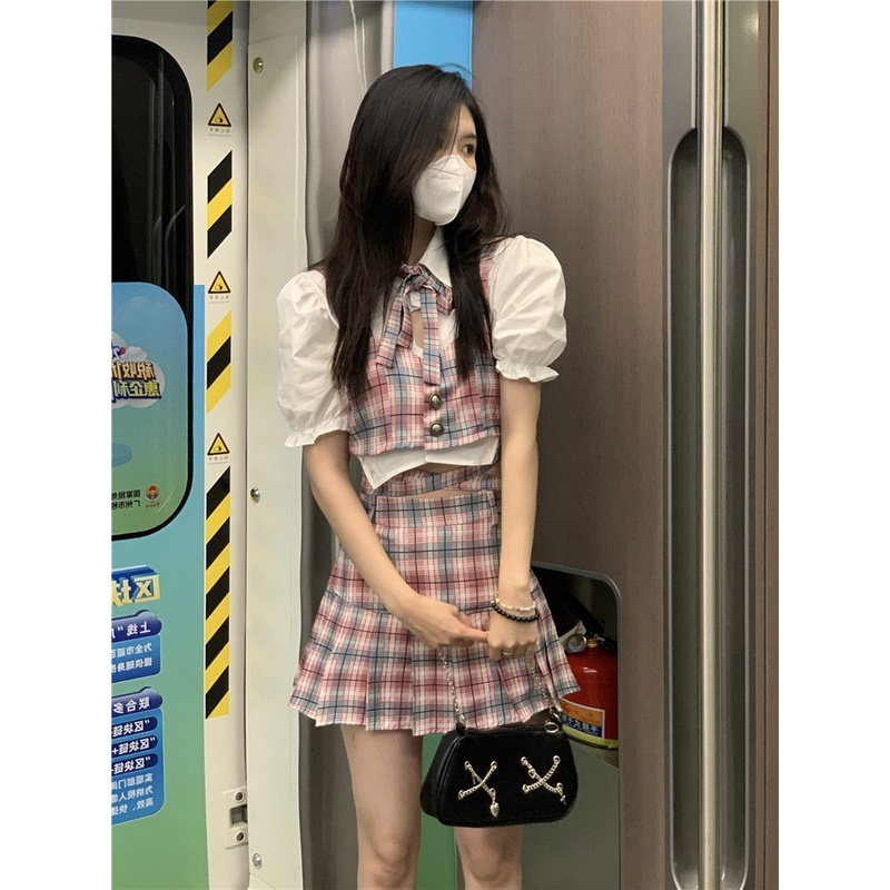 Set Áo Sơ Mi Tay Phồng + Áo Hai Dây + Chân Váy Xếp Ly Sọc Ca Rô Thời Trang Hàn Quốc Xinh Xắn Cho Nữ