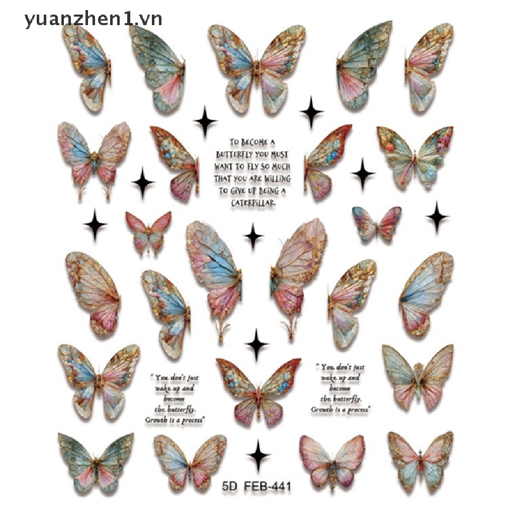 1 Tờ Miếng Dán Trang Trí Móng Tay Hình Bướm 5D Màu Gradient