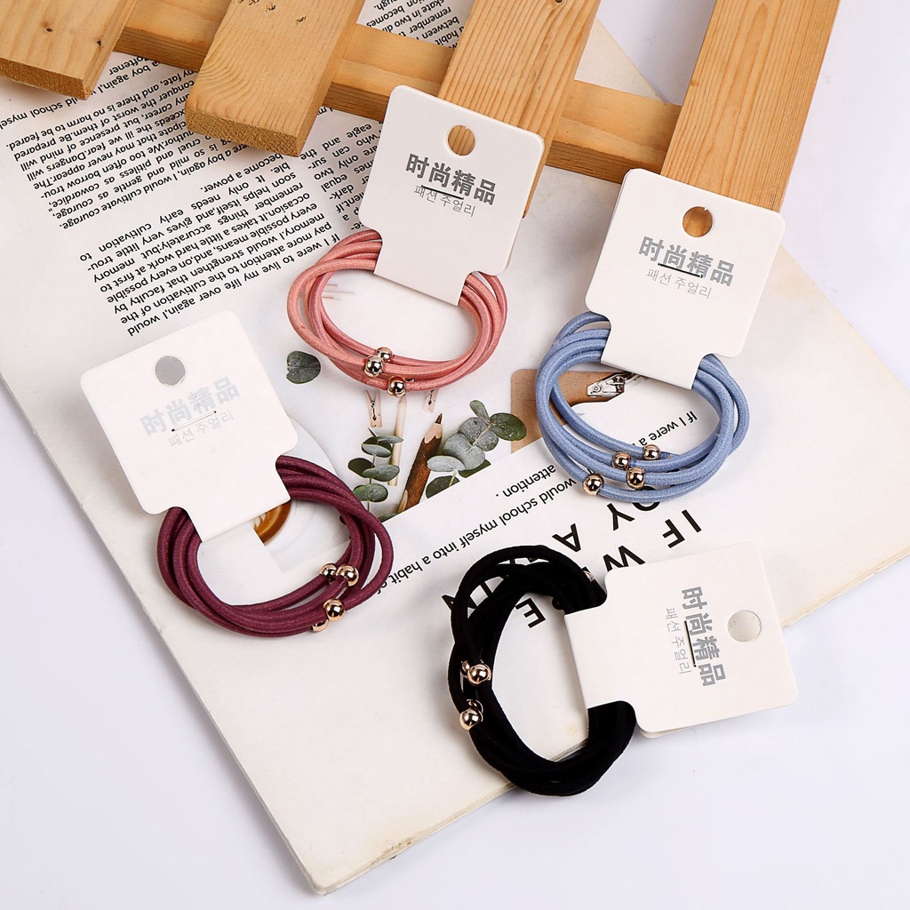 Set 4 Dây Cột Tóc Cao Su Co Giãn Đính Hạt Vàng Siêu Mịn Đơn Giản Phong Cách Hàn Quốc