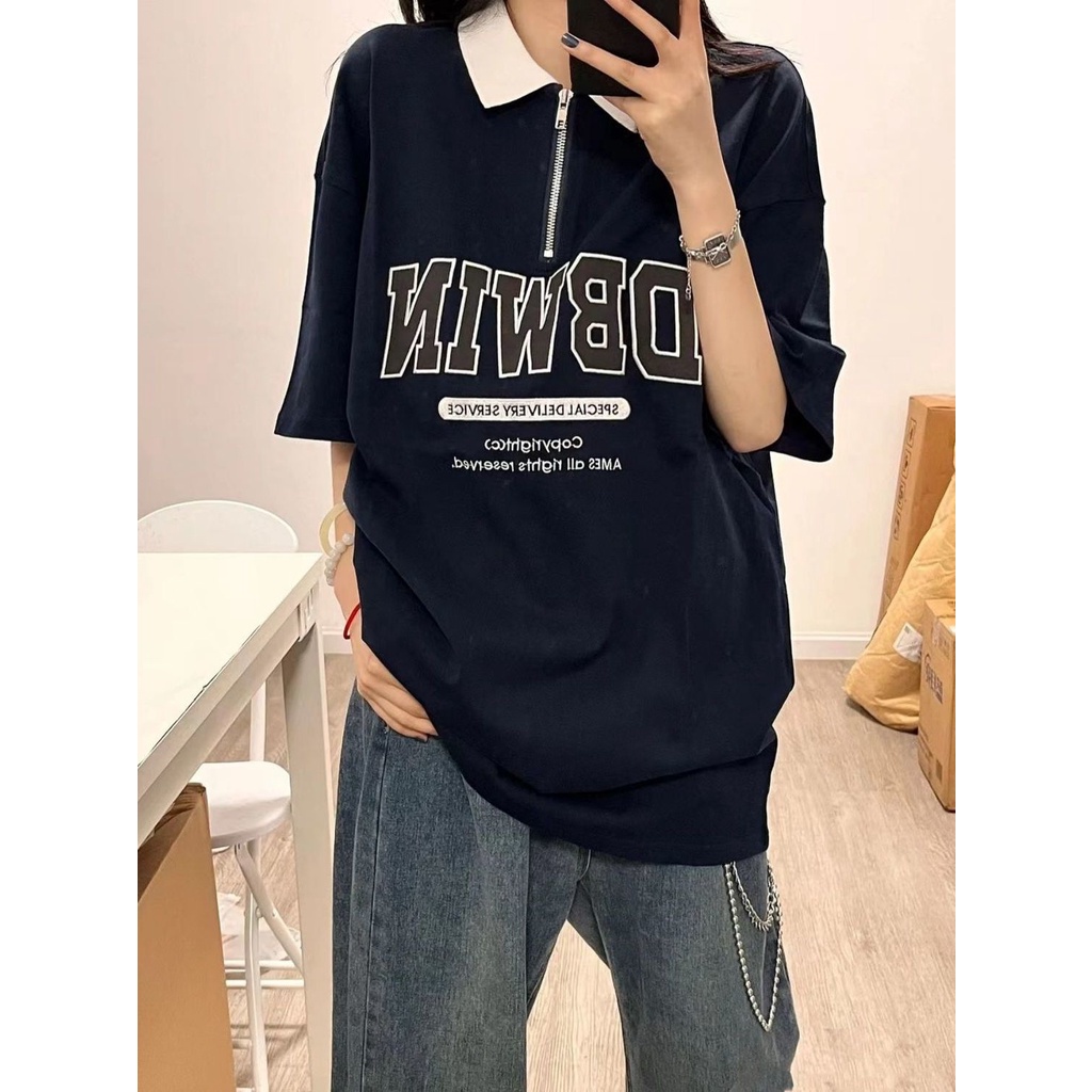 Áo polo Ngắn Tay Dáng Rộng Phối Khóa Kéo Thời Trang Mùa Hè Dành Cho Nữ