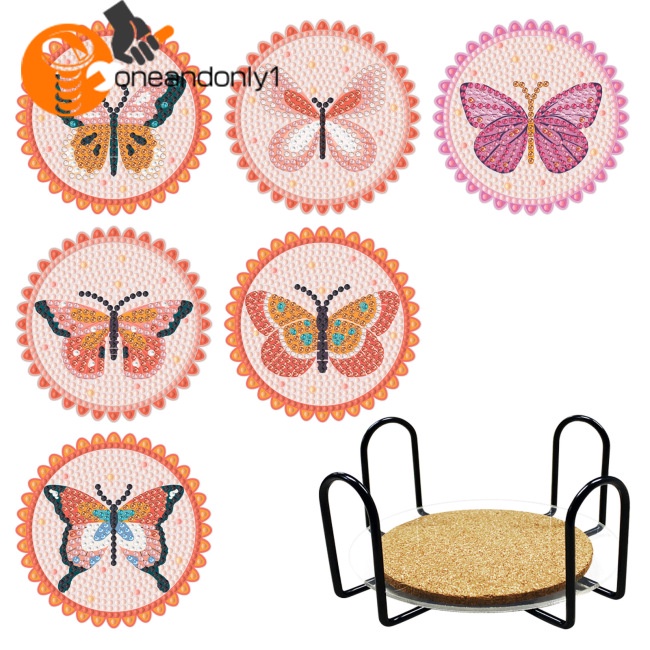 Bộ 6 Đế Lót Ly Hình Tròn Họa Tiết Bướm Đính Đá Nghệ Thuật Diy Kèm Giá Đỡ