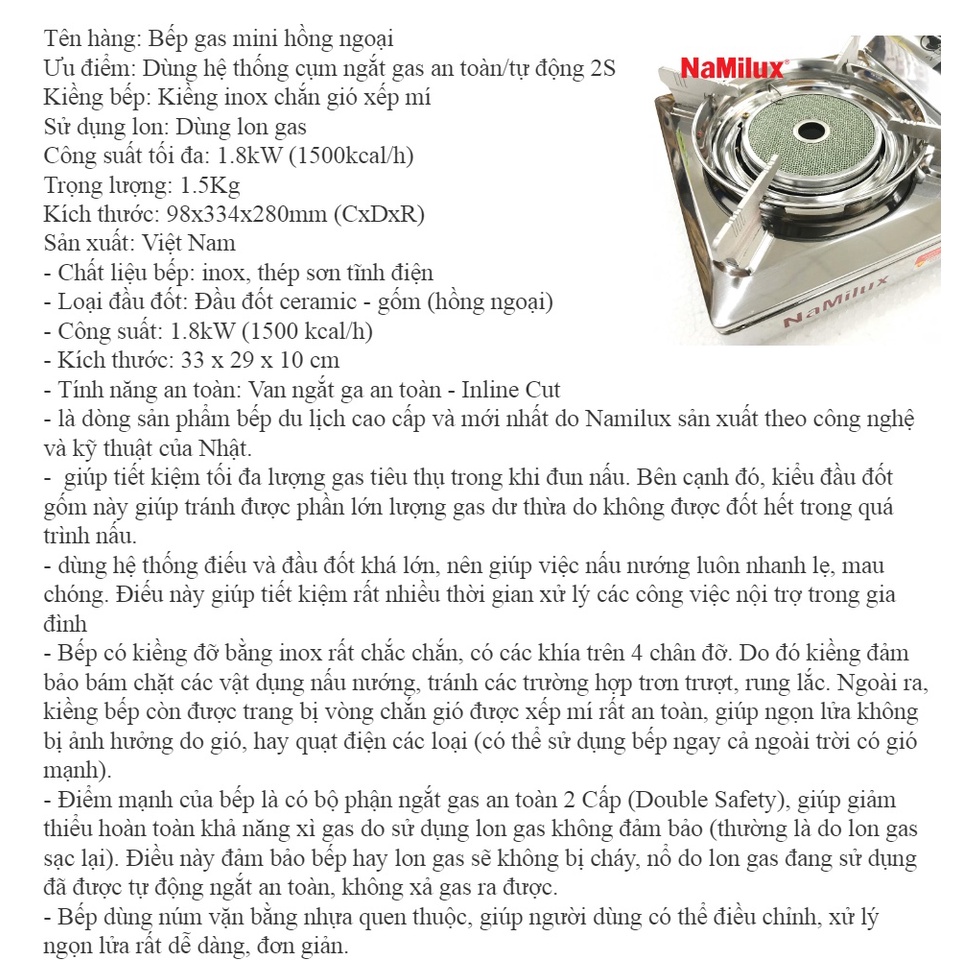 Minh cườngBẾP GAS MINI NAMILUX HỒNG NGOẠI CÓ VAN INLINE - GIÓ QUẠT CŨNG KHÔNG TẮT BẾPchính hãng NAMILUX
