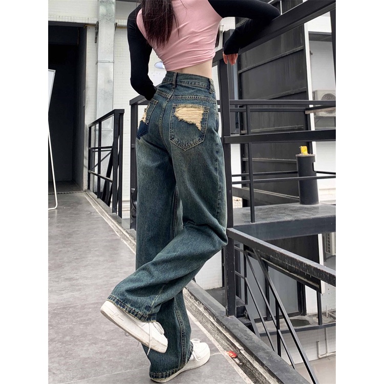 Quần Jeans Nữ Lưng Cao Ống Rộng Rách Gối Cá Tính