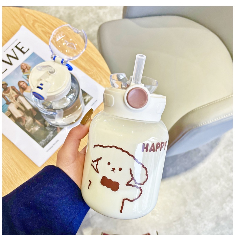 Bình Đựng Nước Nóng 600ML Bằng Nhựa Kèm Ống Hút Dễ Thương Cho Bé Gái
