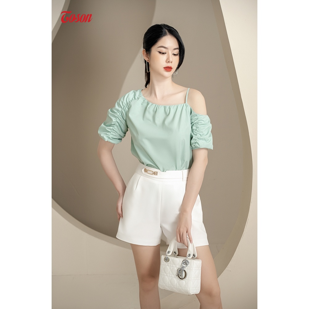 Áo sơ mi xanh thô nến tay bồng lệch hở vai Toson 14017X93