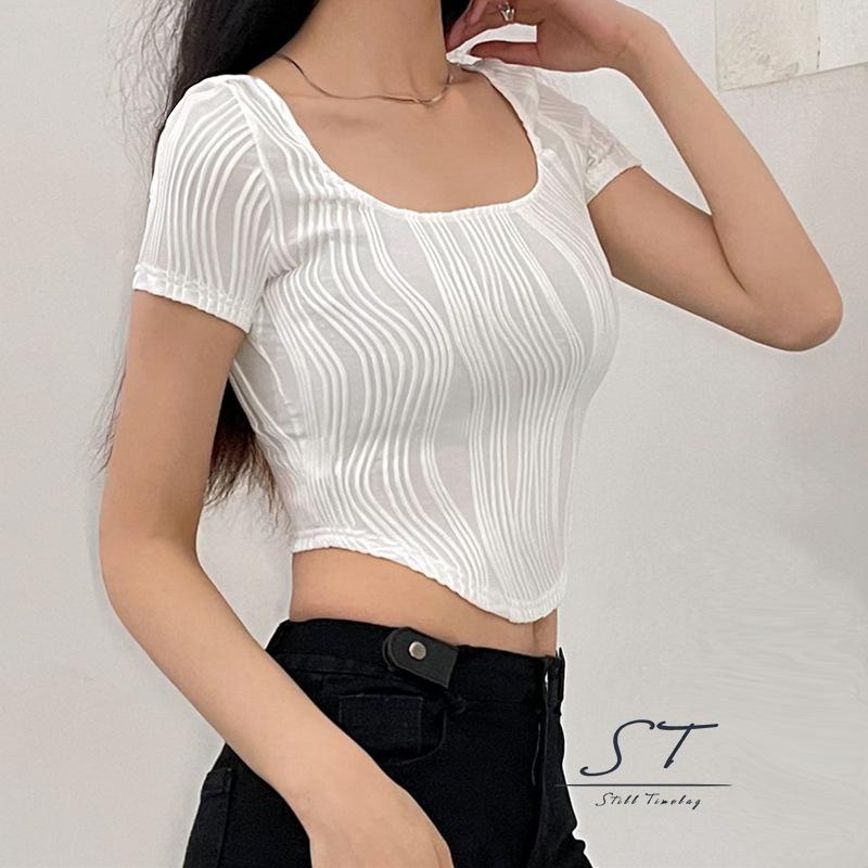 Áo Thun Crop Top Tay Ngắn Cổ Chữ U Họa Tiết Kẻ Sọc Phong Cách Đường Phố Thời Trang Mùa Hè CY03
