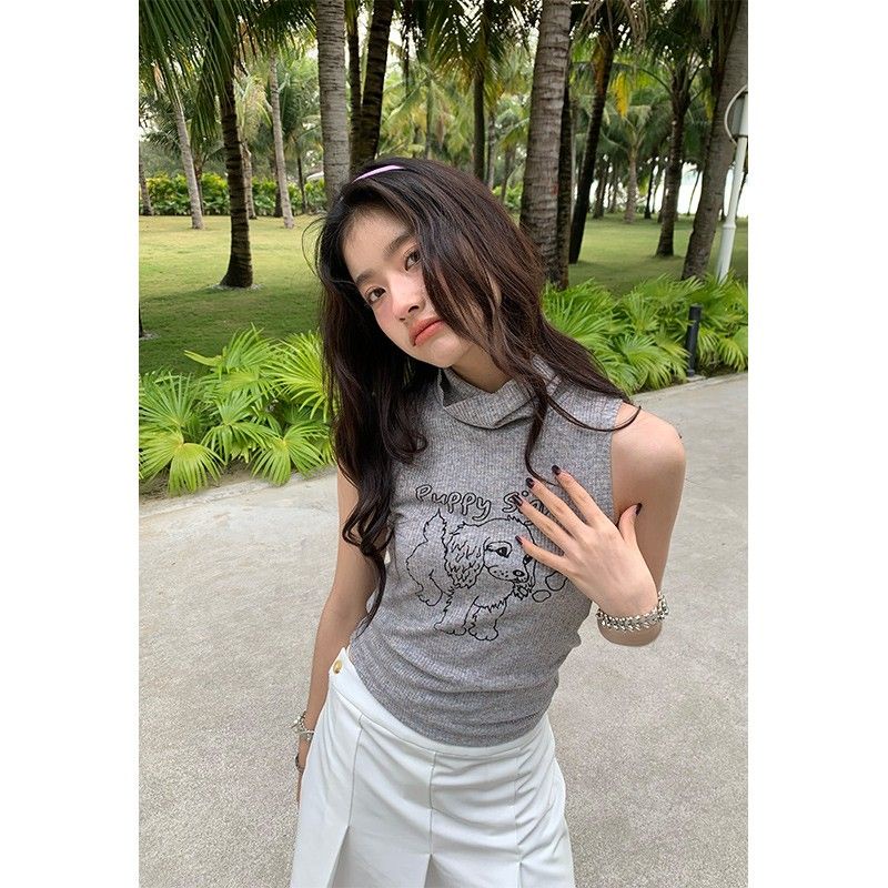 [F &amp; X] Áo Thun Không Tay Cổ Cao Ôm Dáng Họa Tiết Kẻ Sọc Thời Trang Xuân Hè Cho Nữ