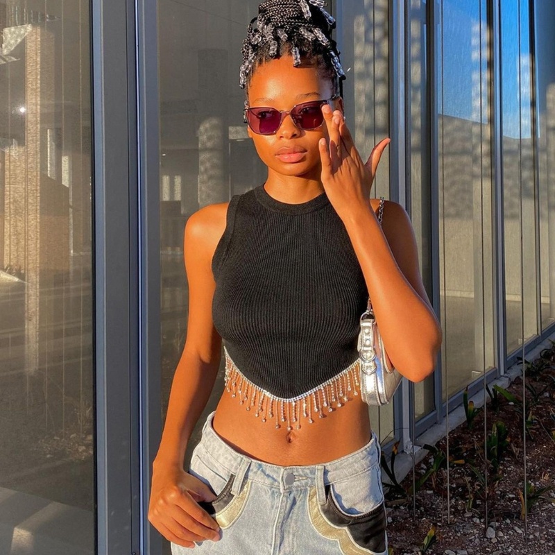 Áo Croptop Sát Nách Phối Tua Rua Đính Đá Thời Trang Cho Nữ Y2k