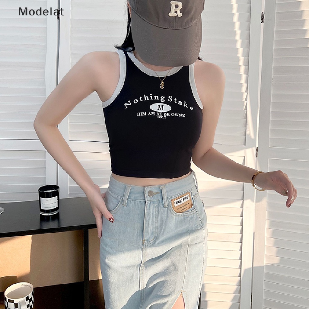 Áo Dây Sát Nách Cổ Tròn In Chữ Màu Sắc Tương Phản Thời Trang Mùa Hè Cho Nữ