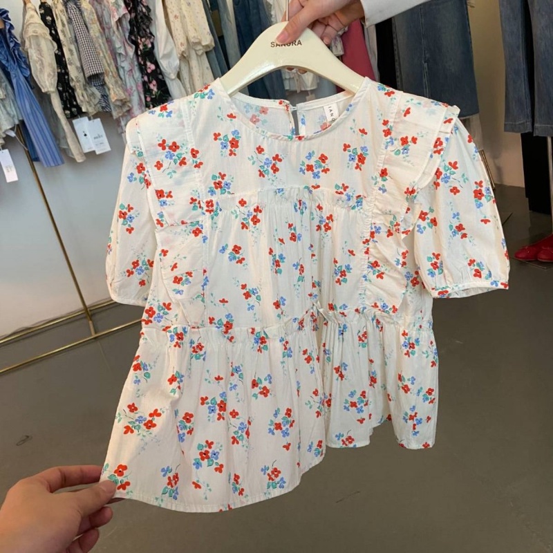 Áo Sơ Mi Cổ Tròn Viền Gỗ In Hoa Kiểu Pháp Thời Trang Mùa Hè Cho Nữ