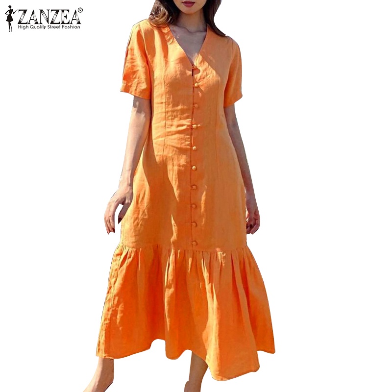 Đầm nữ ZANZEA tay ngắn cổ chữ V thời trang quyến rũ