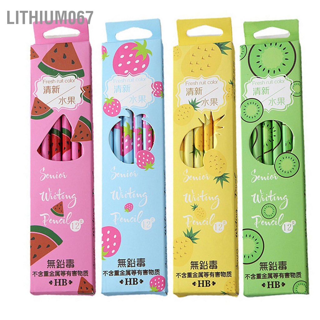 Lithium067 12 Chiếc Bút Chì HB Chất Liệu Gỗ Nén Họa Tiết Trái Cây Tay Cầm Thoải Mái Vòng Cực Đuôi Tẩy Cá Tính