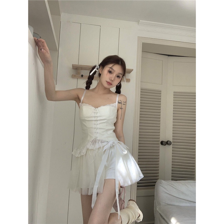 [F &amp; X] Áo Ba Lê Ngắn Phối Ren Màu Trắng Thiết Kế Độc Đáo Phong Cách Hàn Quốc Ngọt Ngào Thời Trang Mùa Hè Cho Nữ