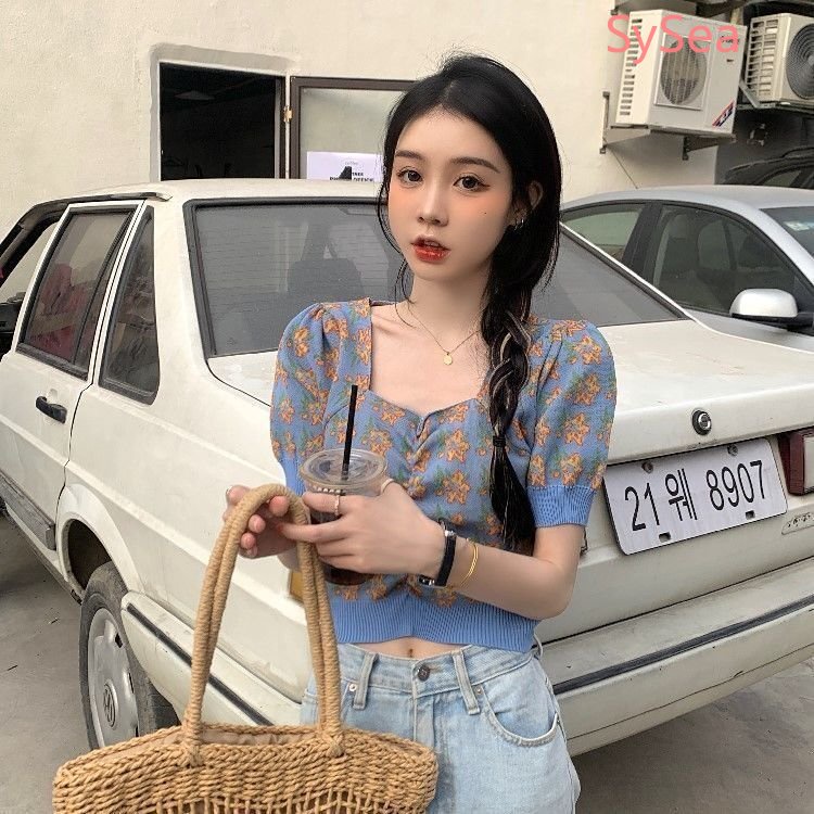 Áo Croptop Dệt Kim Tay Phồng In Hoa Kiểu Hàn Quốc Thời Trang Mùa Hè Cho Nữ