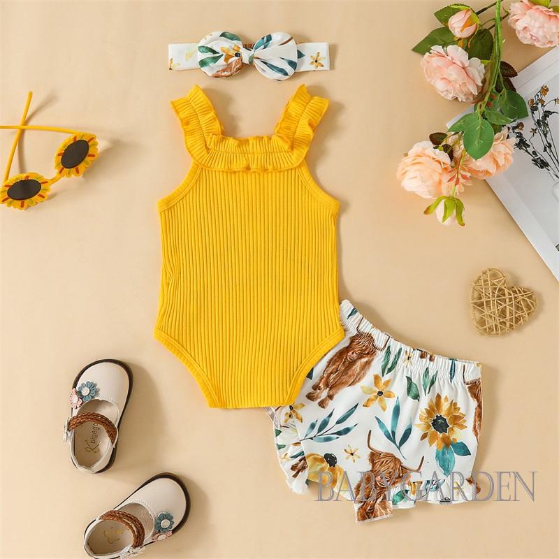 Set Áo Liền Quần + Quần Dài In Hoa + Băng Đô Cài Tóc Xinh Xắn Cho Bé Gái 0-12 Tháng Tuổi