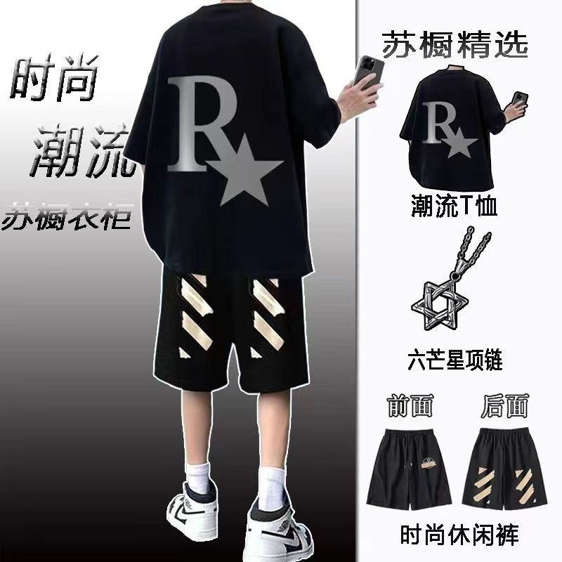 Set Áo Thun Ngắn Tay + Quần Short In Họa Tiết Phong Cách Mỹ Thời Trang Mùa Hè Cho Nam