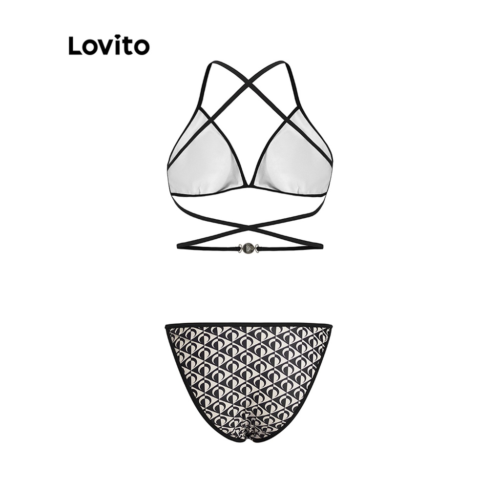 Set bikini Lovito phối phụ kiện kim loại buộc dây họa tiết hình học viền tương phản sexy cho nữ L50AD004 (đen)