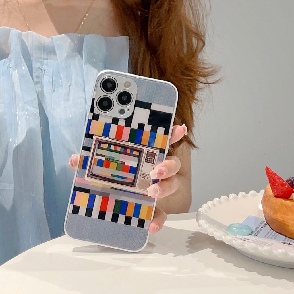 Ốp Điện Thoại TPU Silicone Mềm Mạ Điện Hình TV Sáng Tạo Có Giá Đỡ Bảo Vệ Toàn Diện Cho iPhone 14 13 12 11 PRO MAX