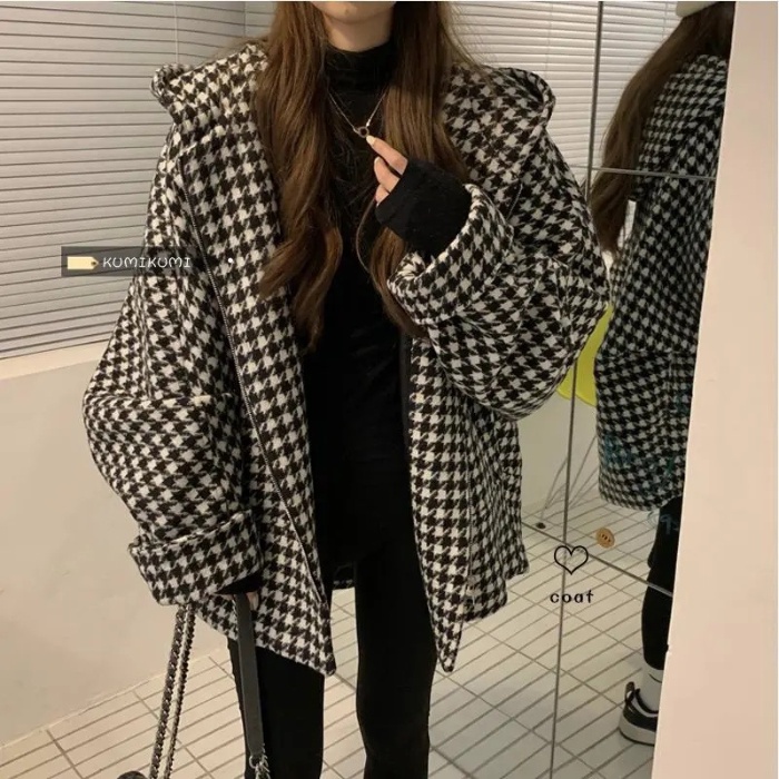 Áo Khoác Bóng Chày Dáng Rộng In Họa Tiết Houndstooth Thời Trang Mùa Thu Cho Nữ