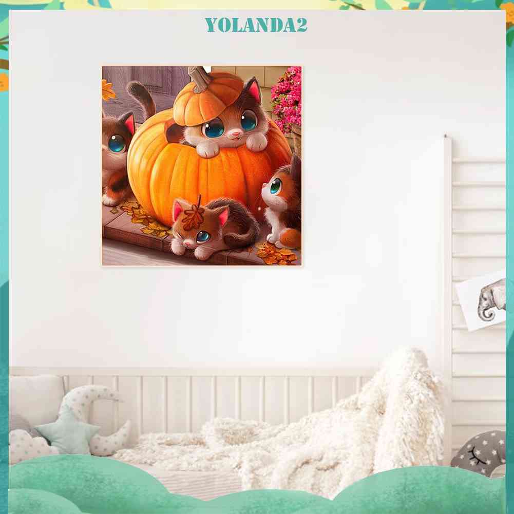 Bộ Tranh Đính Đá 5D Toàn Diện Họa Tiết Mèo Và Bí Ngô Độc Đáo DIY Dùng Trang Trí Nhà Cửa