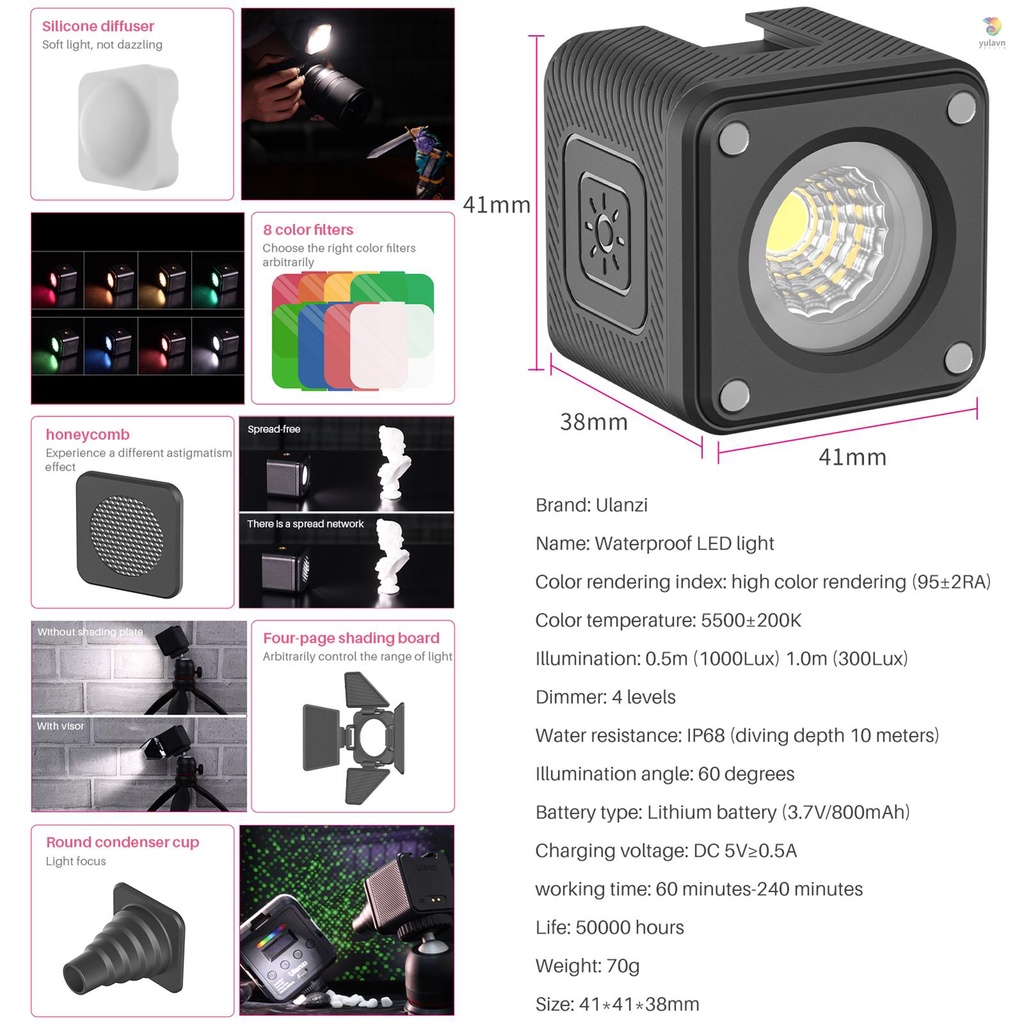 Đèn Lặn Biển Ulanzi L2 COB Mini IP68 5500K 4 Cấp Độ Sáng Tích Hợp Pin Từ Tính Chống Thấm Nước Thiết Kế Bằng Silicon