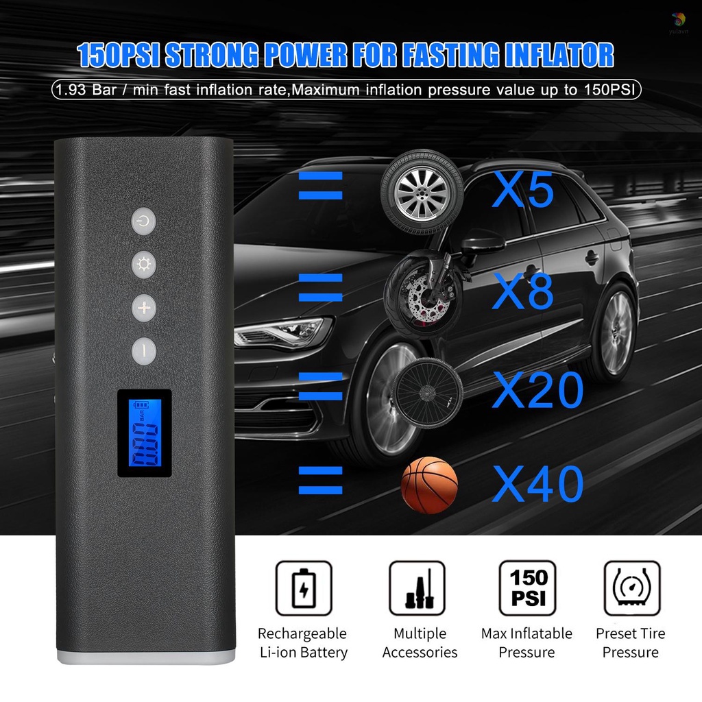 Máy Bơm Lốp Xe Cầm Tay 150PSI 2000mAh Màn Hình LCD Với 4 Vòi Đèn LED