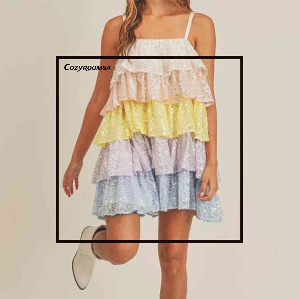 Đầm Hai Dây Mini Hai Dây Nhún Bèo Đính Kim Sa Lấp Lánh Thời Trang Dự Tiệc