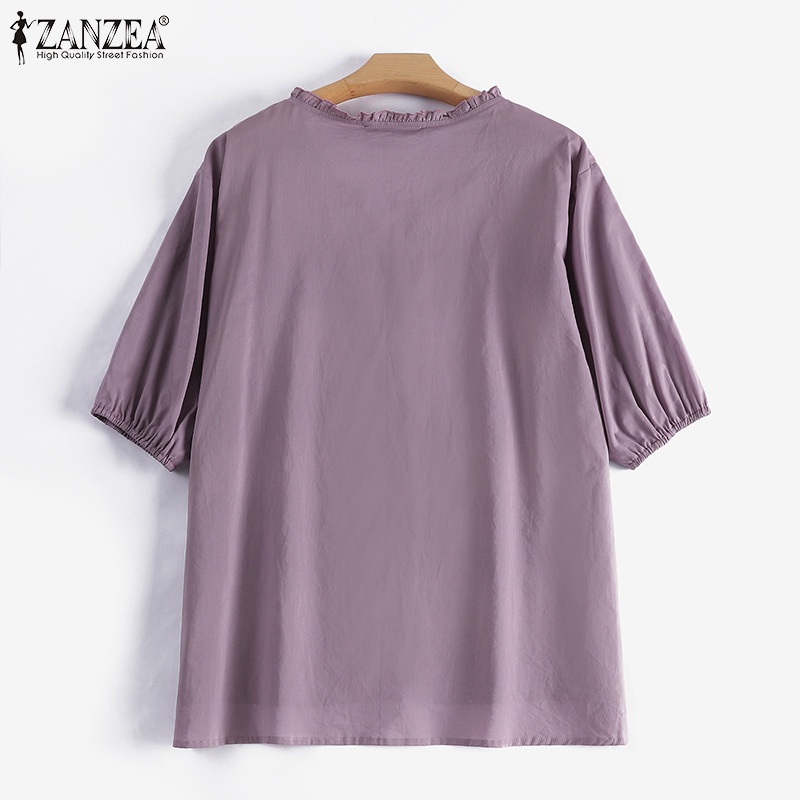 ZANZEA Áo Sơ Mi Tay Lửng Thêu Họa Tiết Phong Cách Hàn Quốc Cho Nữ