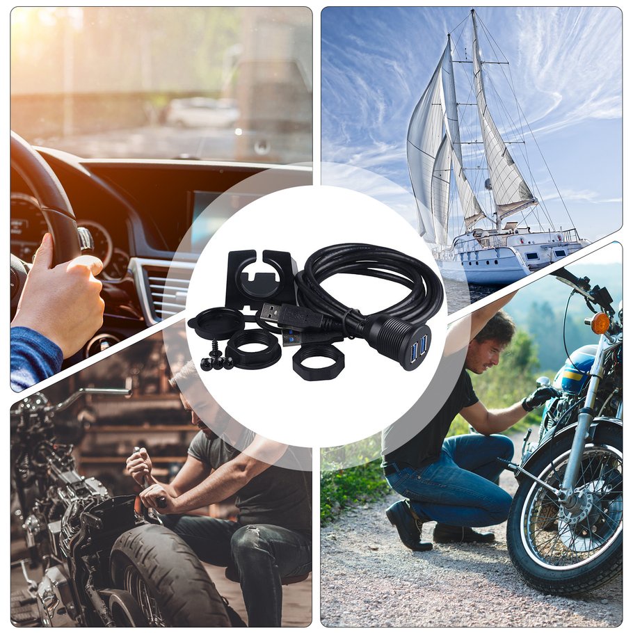 Car Dashboard Flush Mount USB Dock Adapter Dashboard Panel Port Male Female Cable Extension Cable for Motorcycle Boat