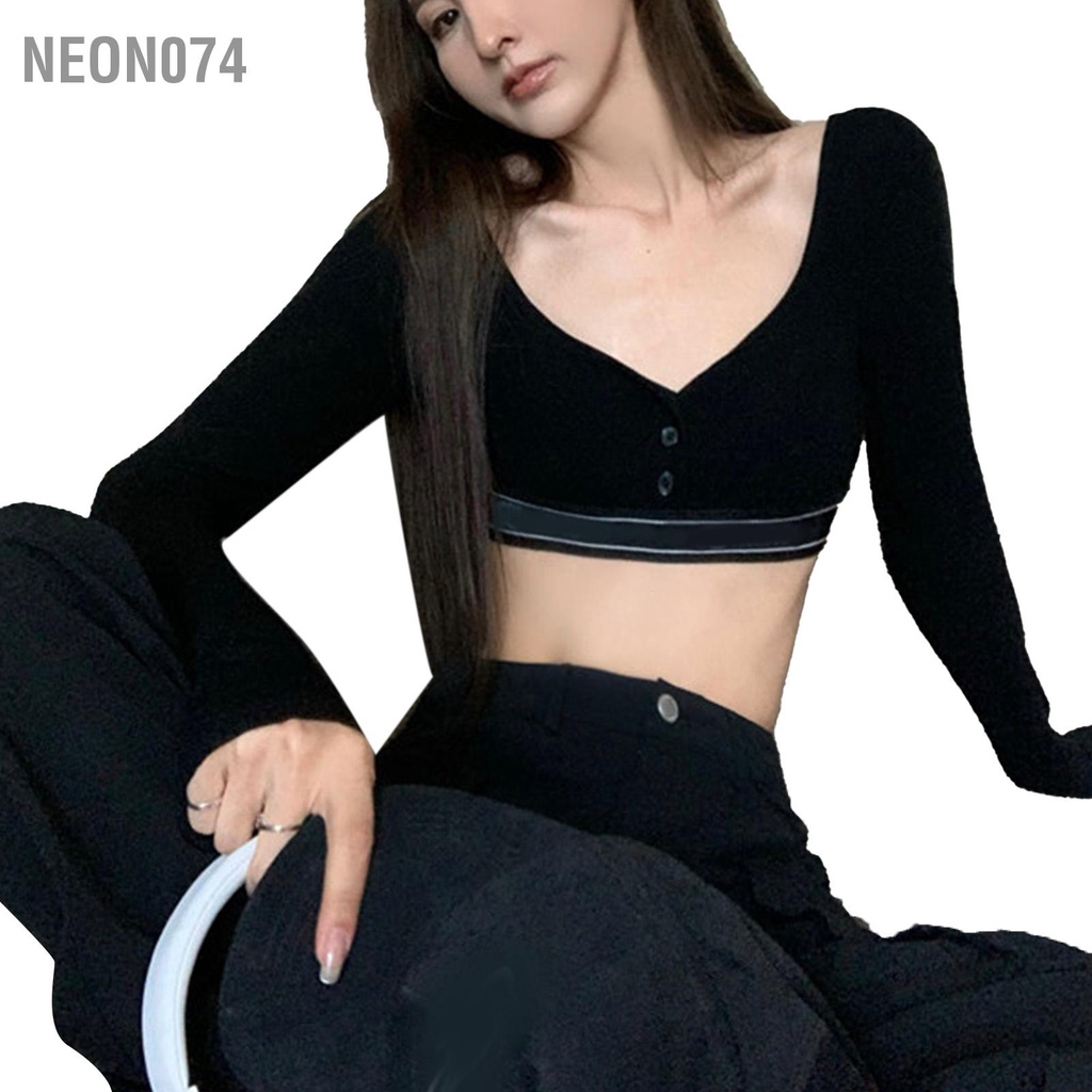 Neon074 Phụ Nữ Ngắn Tay Mùa Hè Cổ Chữ V Mỏng Phù Hợp Với Ngực Đơn Cao Cấp Hàng Đầu Cho