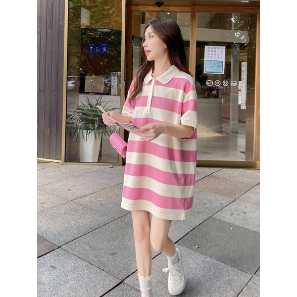 Đầm Suông Tay Ngắn Kẻ Sọc Màu Hồng Ngọt Ngào Thời Trang Mùa Hè Cho Nữ