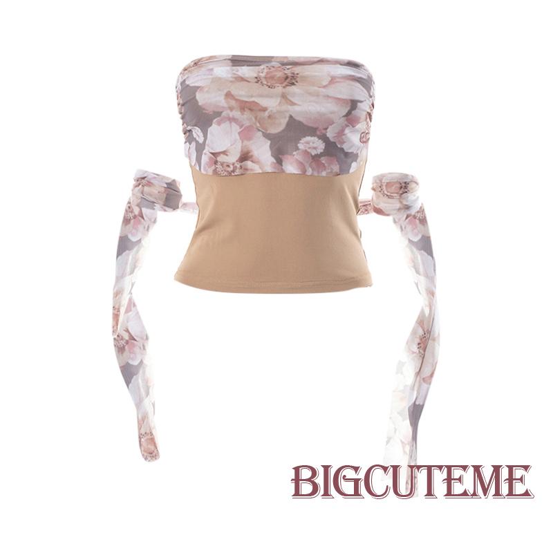 [] Áo Ống Mỏng Không Tay Hở Vai Ghép Vải Hoa Mùa Hè Cho Nữ