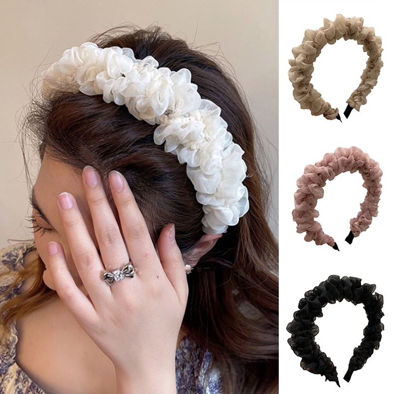 Băng Đô Vải Lưới Xếp Ly Màu Trơn Phối Ren Hình Đầu Lâu Thời Trang