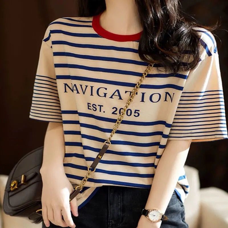 Áo Thun Nữ Ngắn Tay Sọc Ngang Thời Trang Hàn Quốc Mới