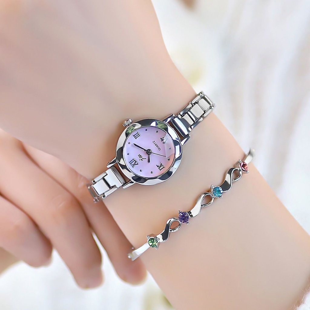 Đồng Hồ Đeo Tay Dây Xích Kim Loại Màu Trắng Phong Cách Mori Dành Cho Nữ Sinh Trung Học