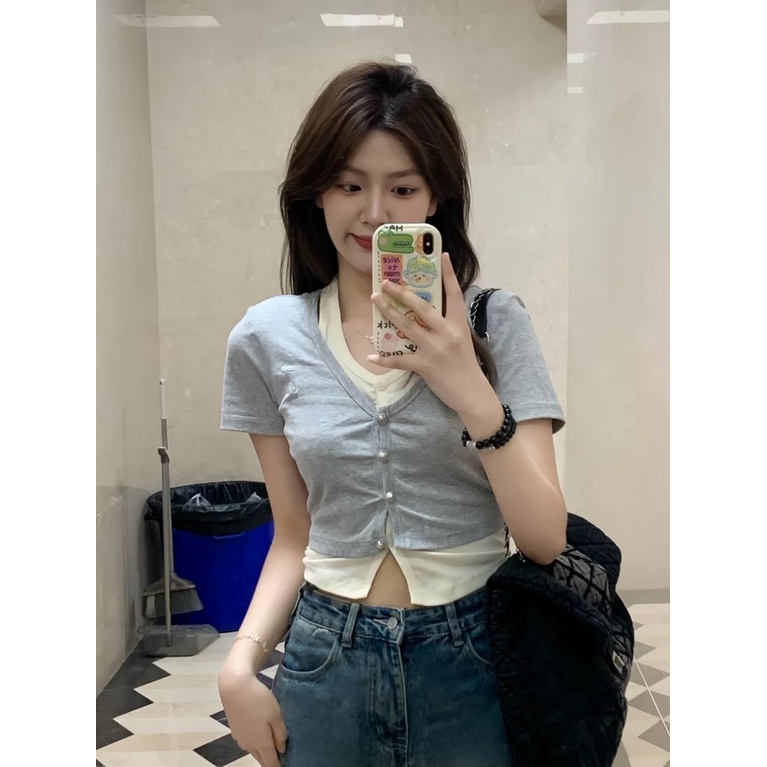 Hot Girl Fake Áo Thun Cotton [Áo Cardigan Tay Ngắn Màu Trơn Mùa Hè Mỏng Nhẹ Kiểu Dáng Độc Đáo [Qianyi]