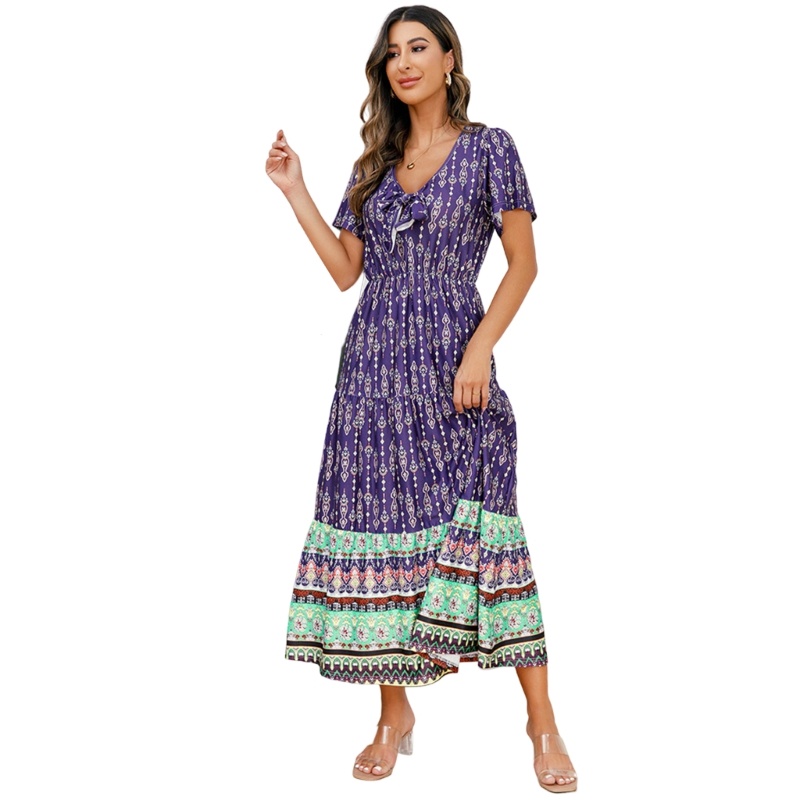 Đầm Xòe Tay Ngắn Cổ Chữ V In Họa Tiết Hoa Phong Cách Bohemian Thời Trang Mùa Hè Cổ Điển Cho Nữ