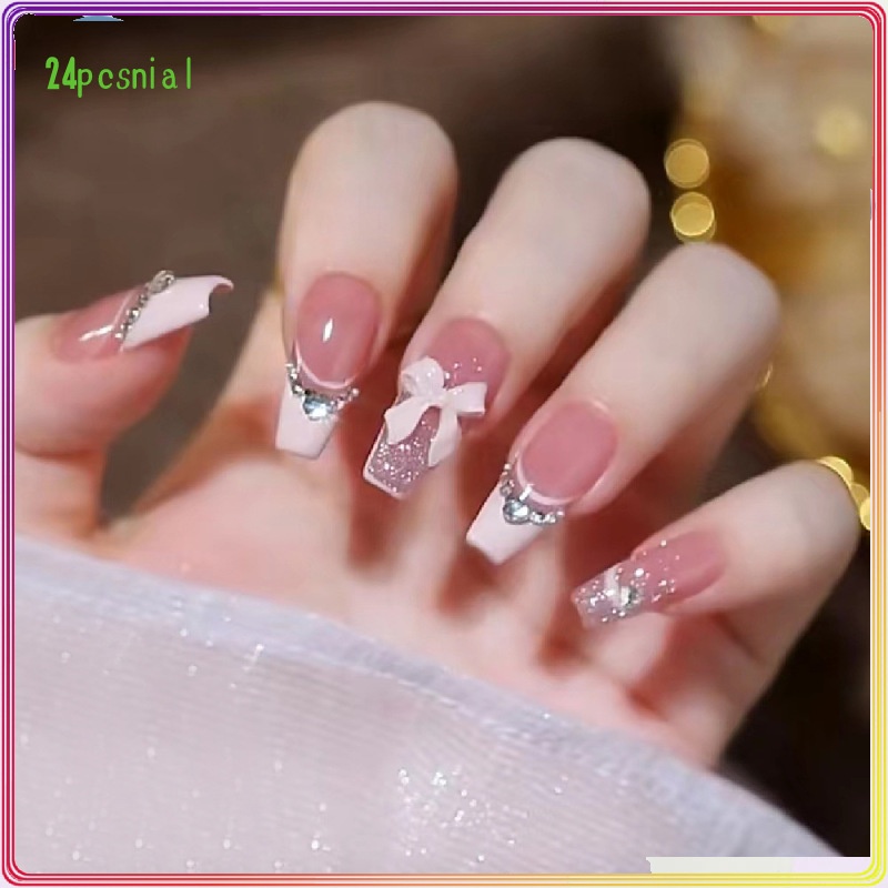 Móng Tay Giả Dài Đính Kim Tuyến Hình Nơ Phong Cách PhápMóng Tay Giả 3d / Móng Tay Giả Kèm Keo Móng Dài/ nơ kèm keo dán dễ thương xinh xắn